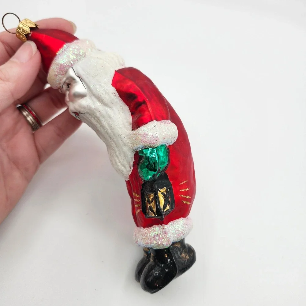 Vintage Poland Hand Blown Glass Santa Ornament Red Coat Lantern‎ Crescent Shape